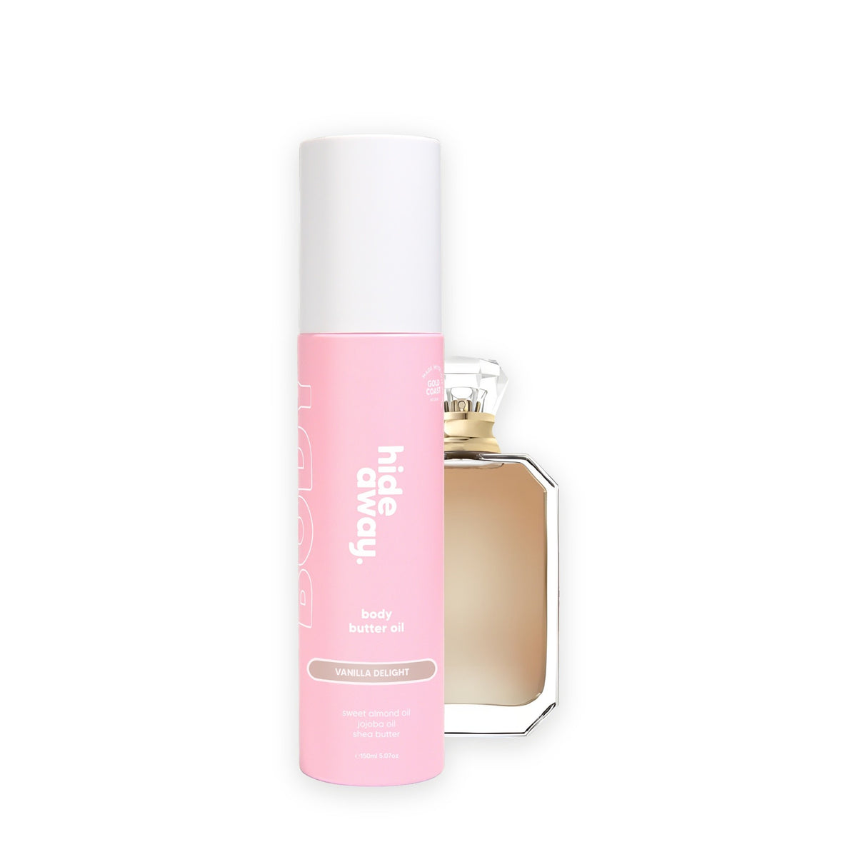 Hideaway. Vanilla Delight body butter oil beside the Kayali Vanilla 28 bottle it is inspired by