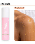 Body butter oil texture glowing on skin, beside Hideaway. Vanilla Delight body butter oil