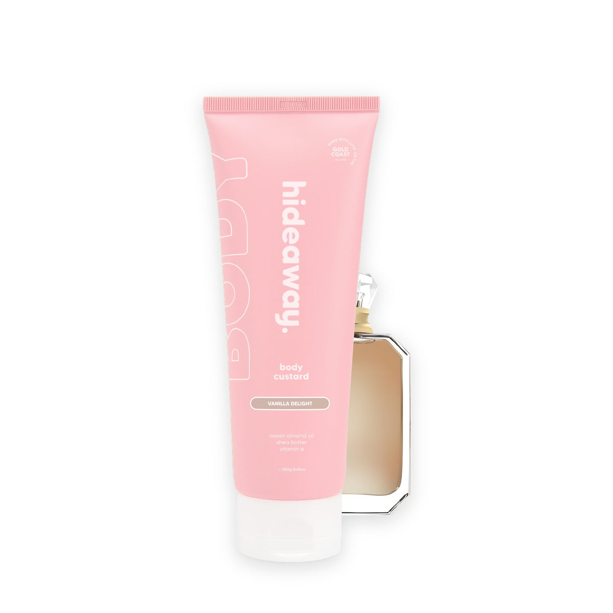 Hideaway. Vanilla Delight body custard beside the Kayali Vanilla 28 bottle it is inspired by