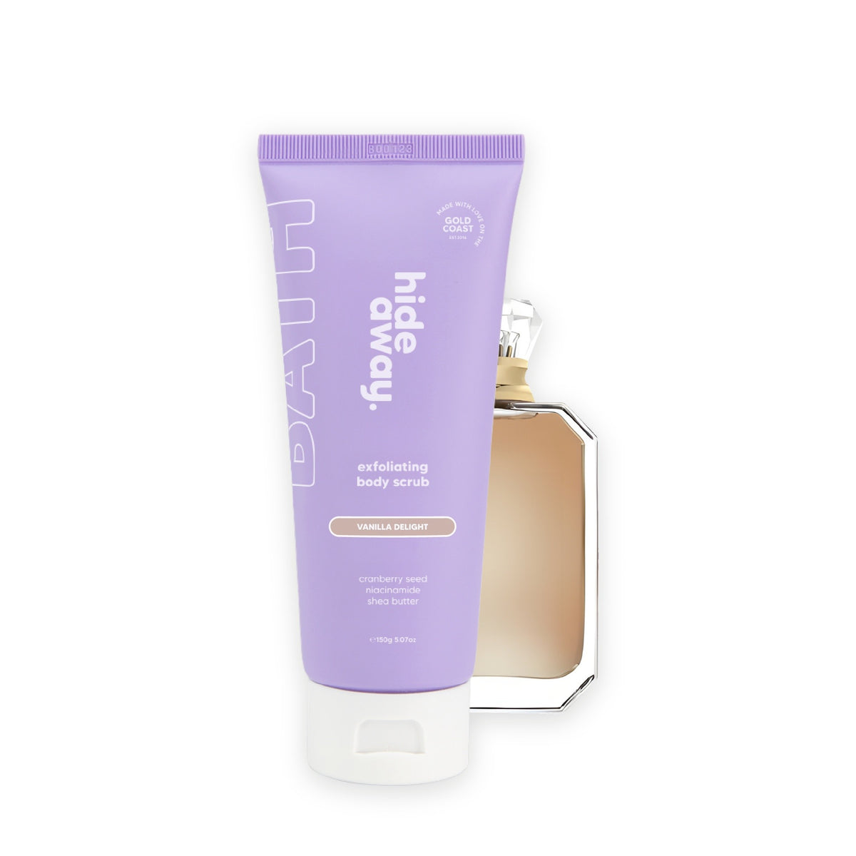 Hideaway. Vanilla Delight exfoliating body scrub beside the Kayali Vanilla 28 bottle it is inspired by