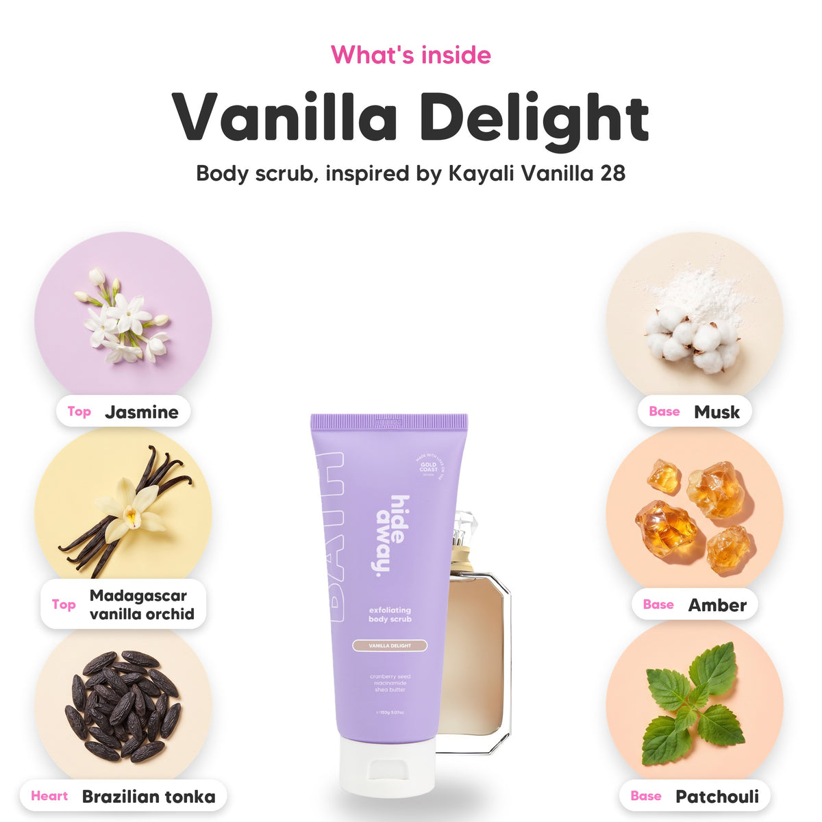 Notes inside Vanilla Delight body scrub: Jasmine, madagascar vanilla orchid, brazilian tonka, musk, amber, patchouli