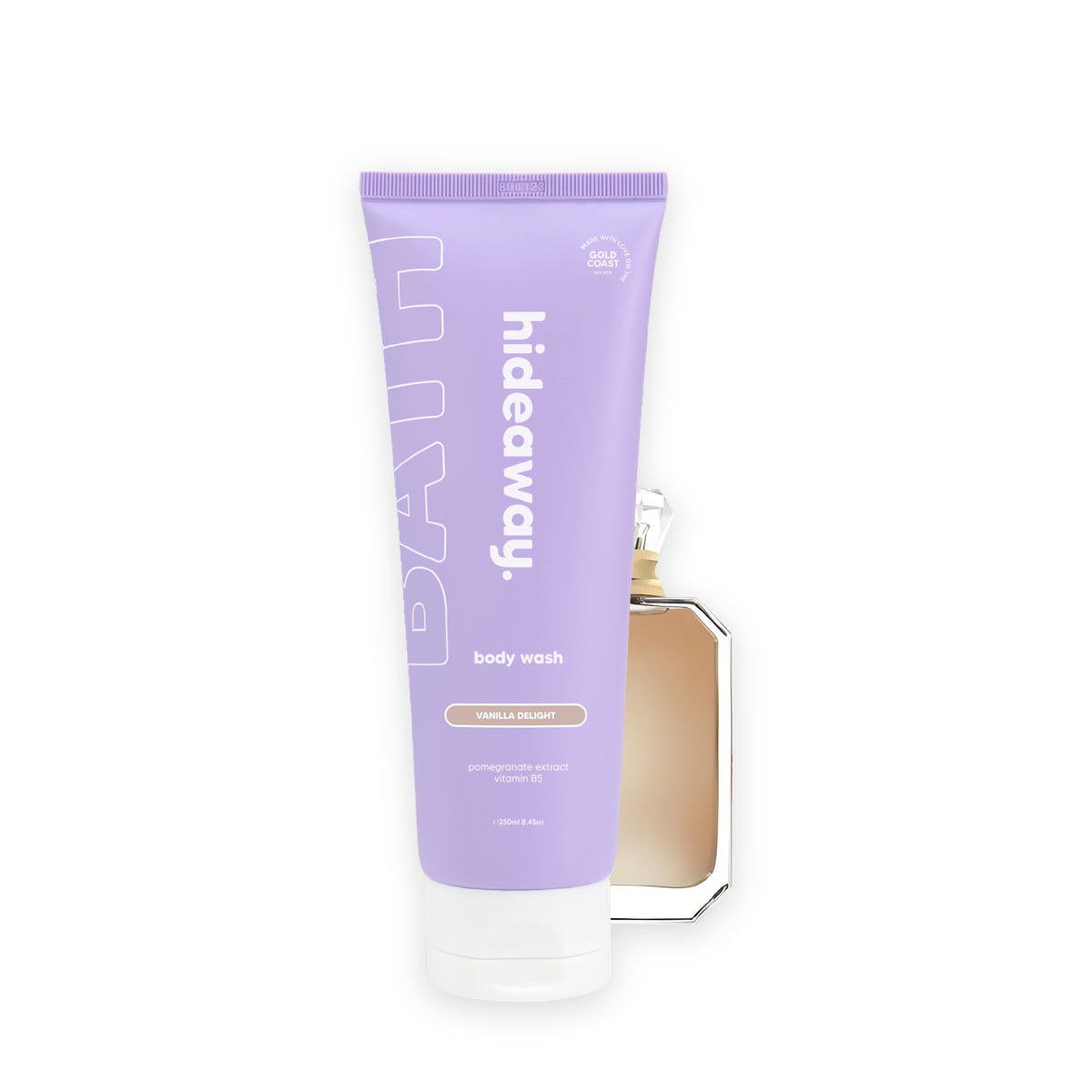 Hideaway. Vanilla Delight body wash beside the Kayali Vanilla 28 bottle it is inspired by