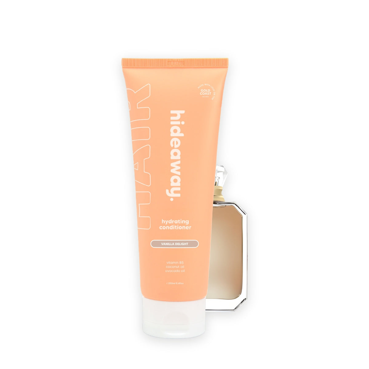 Hideaway. Vanilla Delight conditioner beside the Kayali Vanilla 28 bottle it is inspired by