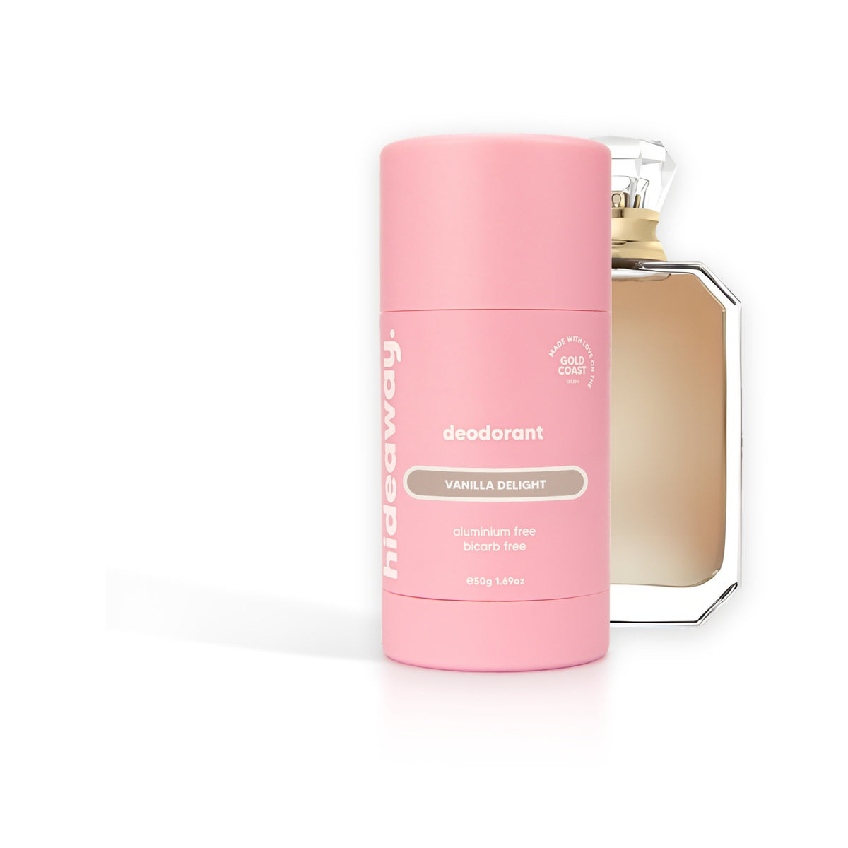 Hideaway. Vanilla Delight deodorant beside the Kayali Vanilla 28 bottle it is inspired by