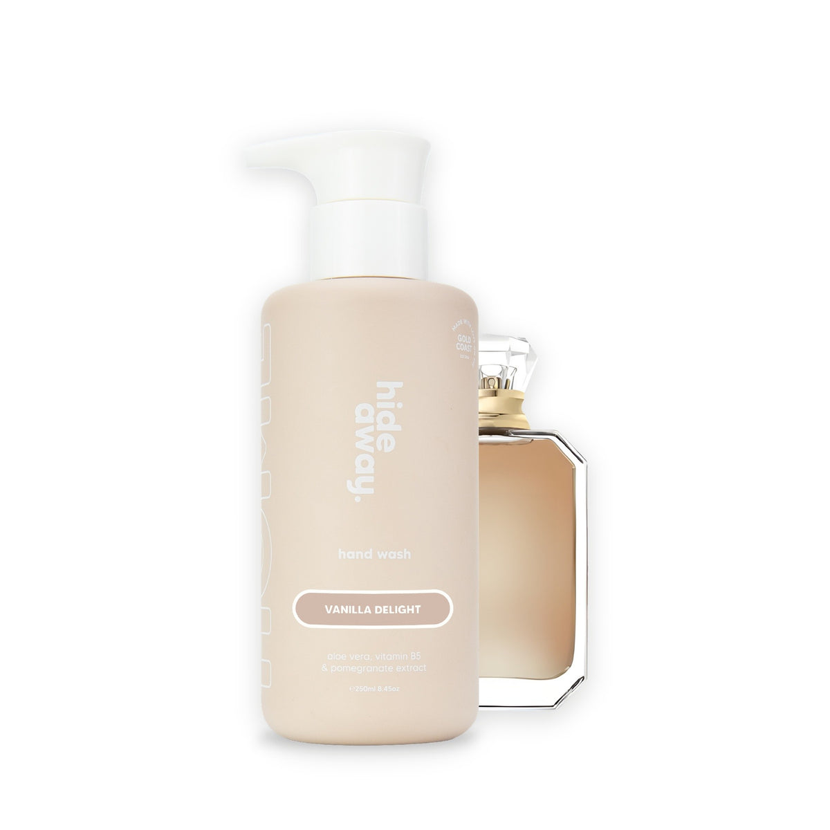Hideaway. Vanilla Delight hand wash beside the Kayali Vanilla 28 bottle it is inspired by