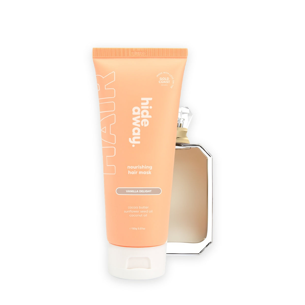 Hideaway. Vanilla Delight hair mask beside the Kayali Vanilla 28 bottle it is inspired by