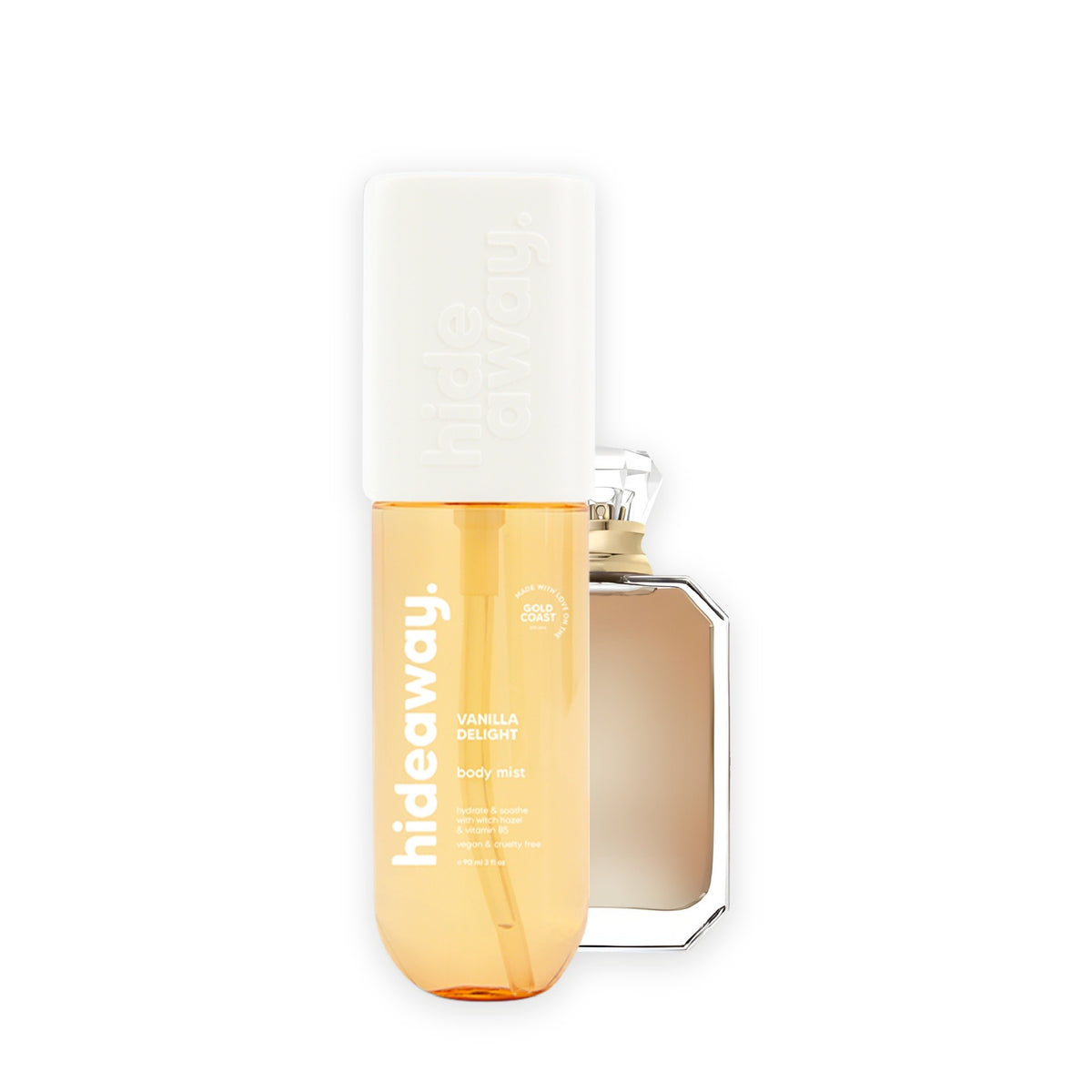 Hideaway. Vanilla Delight body mist beside the Kayali Vanilla 28 bottle it is inspired by