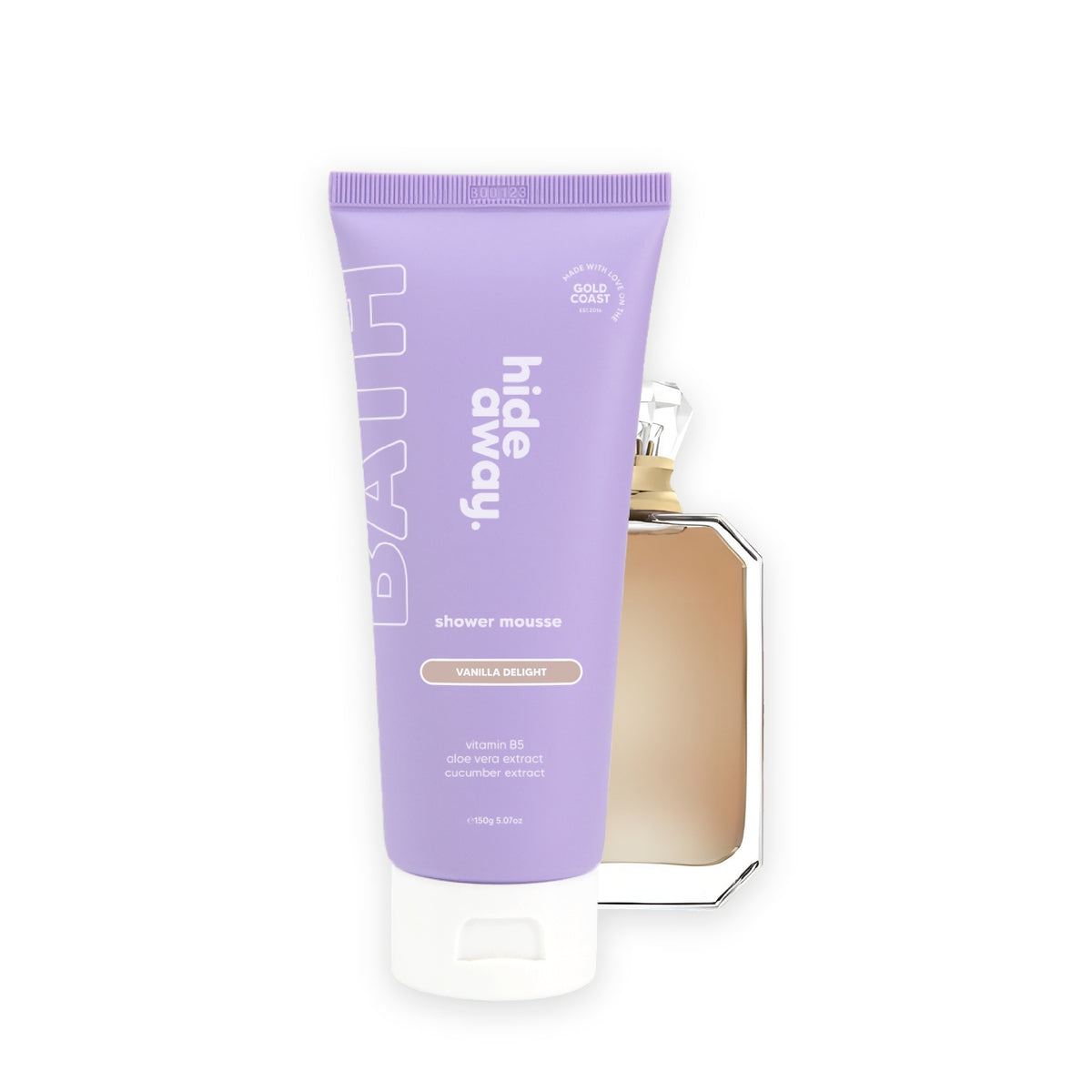Hideaway. Vanilla Delight shower mousse beside the Kayali Vanilla 28 bottle it is inspired by