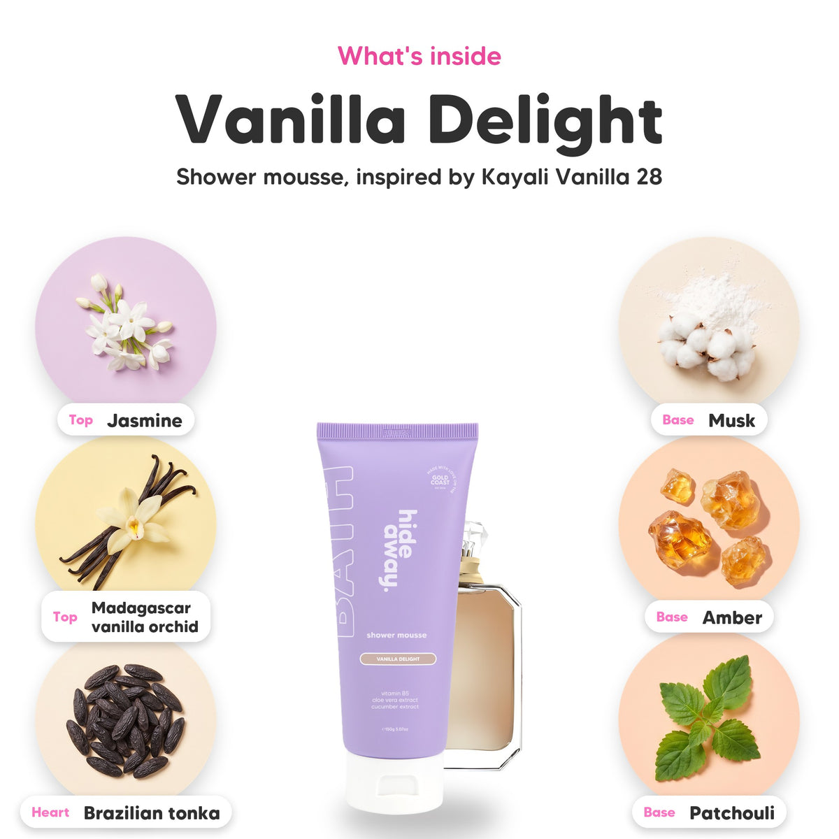 Notes inside Vanilla Delight shower mousse: Jasmine, madagascar vanilla orchid, brazilian tonka, musk, amber, patchouli