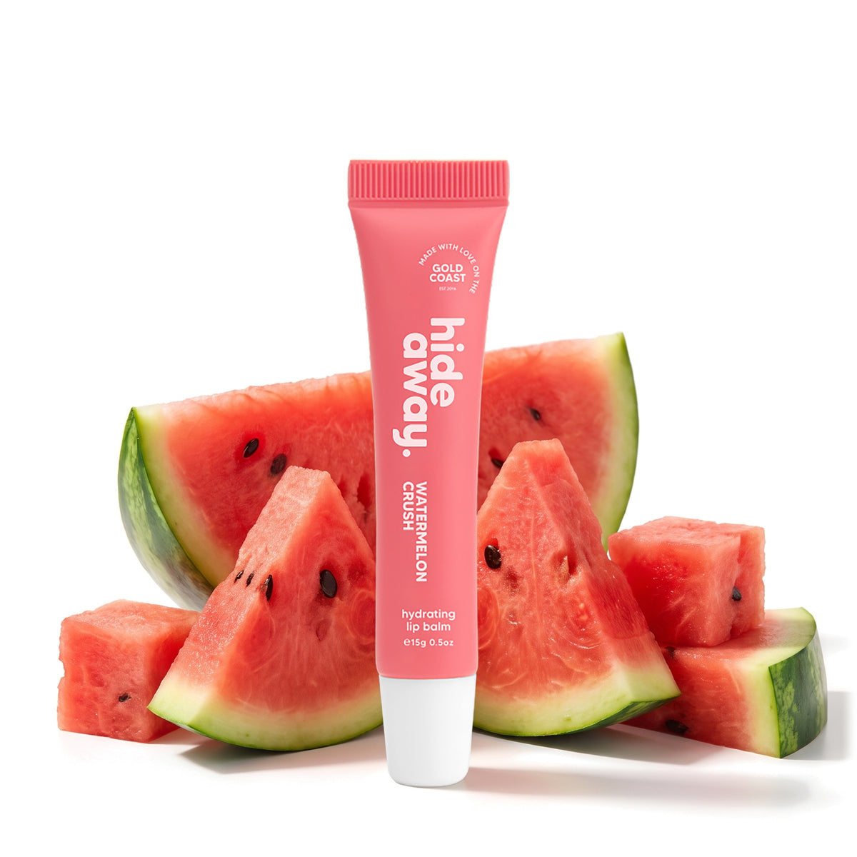 Hideaway. Watermelon Crush lip balm with juicy watermelon