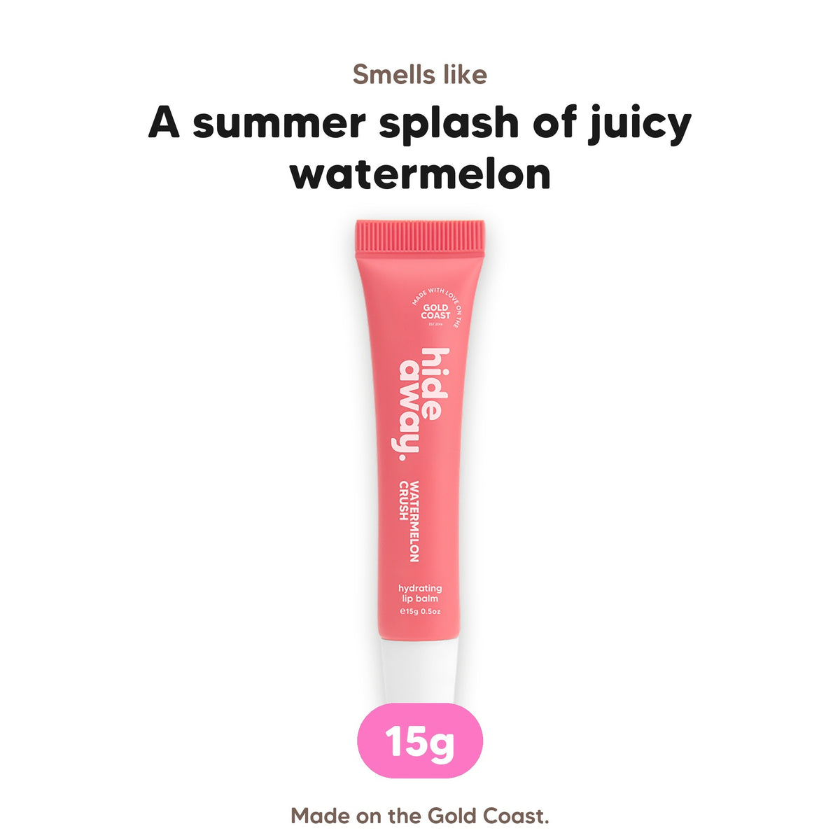 Watermelon Crush lip balm, smells like a summer splash of juicy watermelon