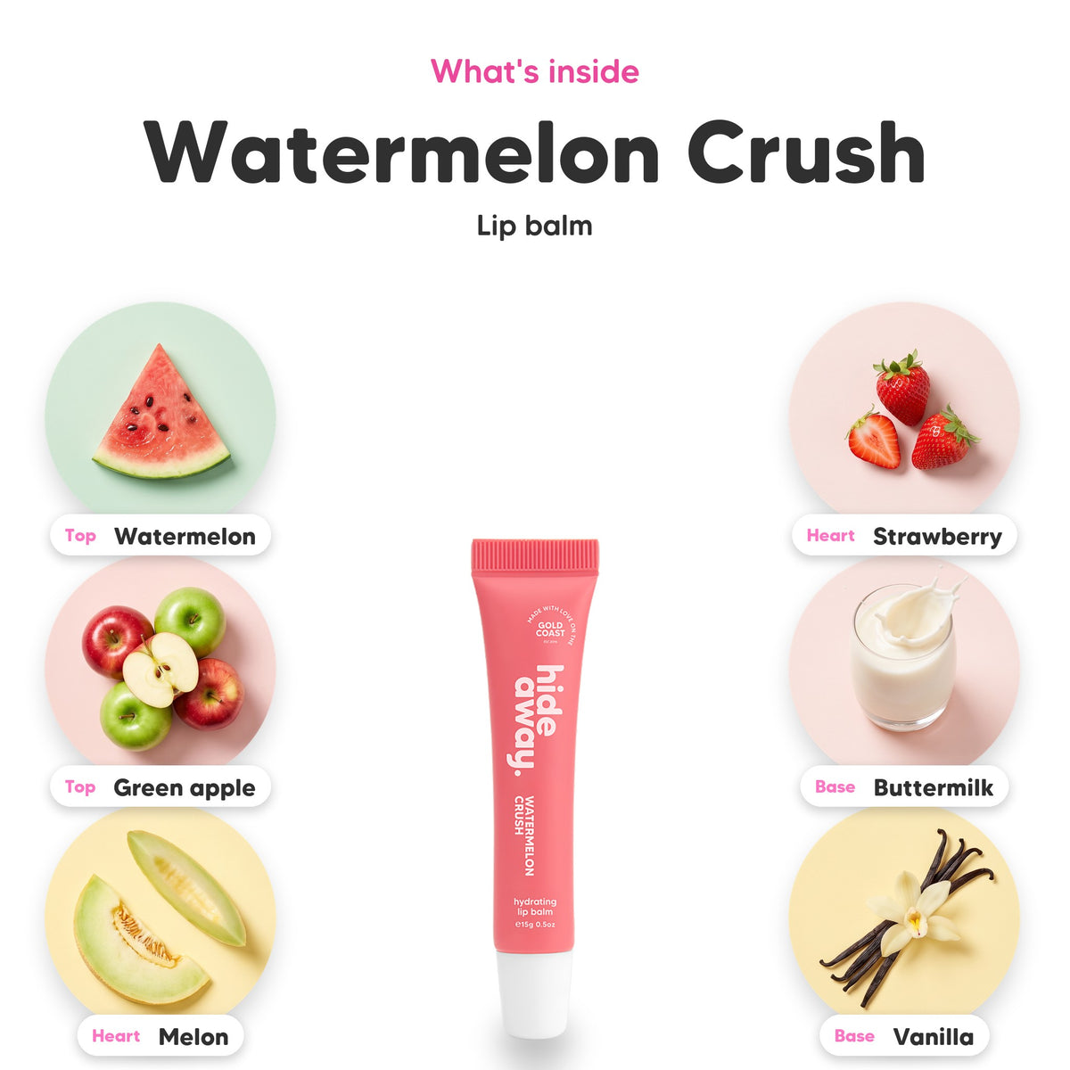 Notes inside Watermelon Crush lip balm: Watermelon, green apple, melon, strawberry, buttermilk, vanilla