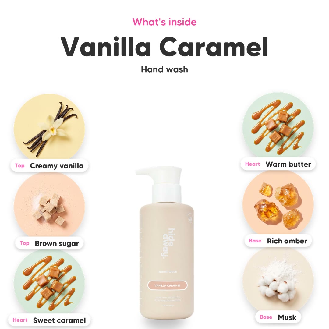 The notes in Vanilla Caramel hand wash, animated