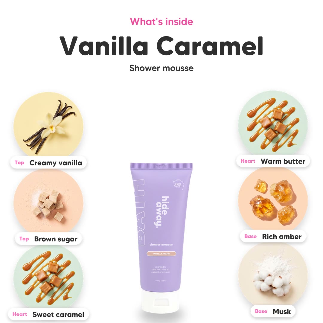 The notes in Vanilla Caramel shower mousse, animated