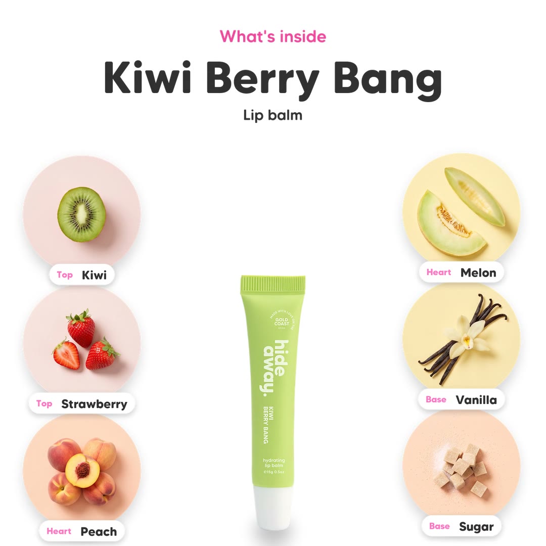The notes in Kiwi Berry Bang lip balm, animated