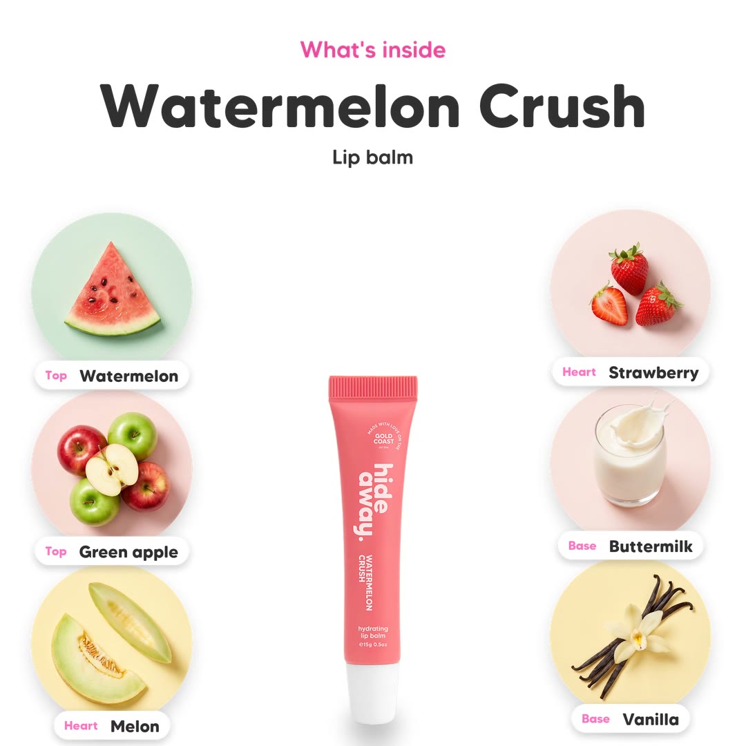 The notes in Watermelon Crush lip balm, animated