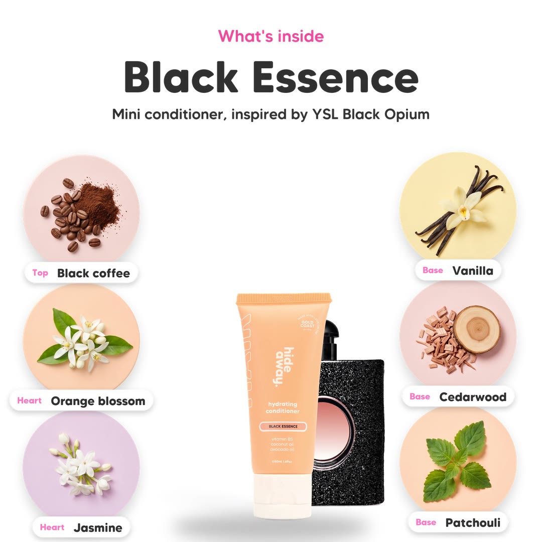 The notes in Black Essence mini conditioner, animated