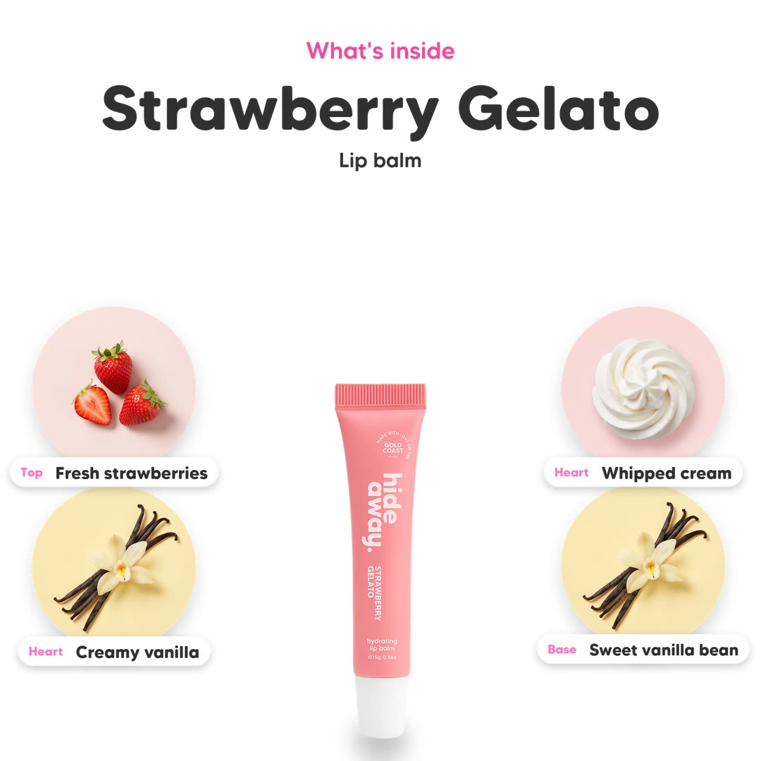 The notes in Strawberry Gelato lip balm, animated