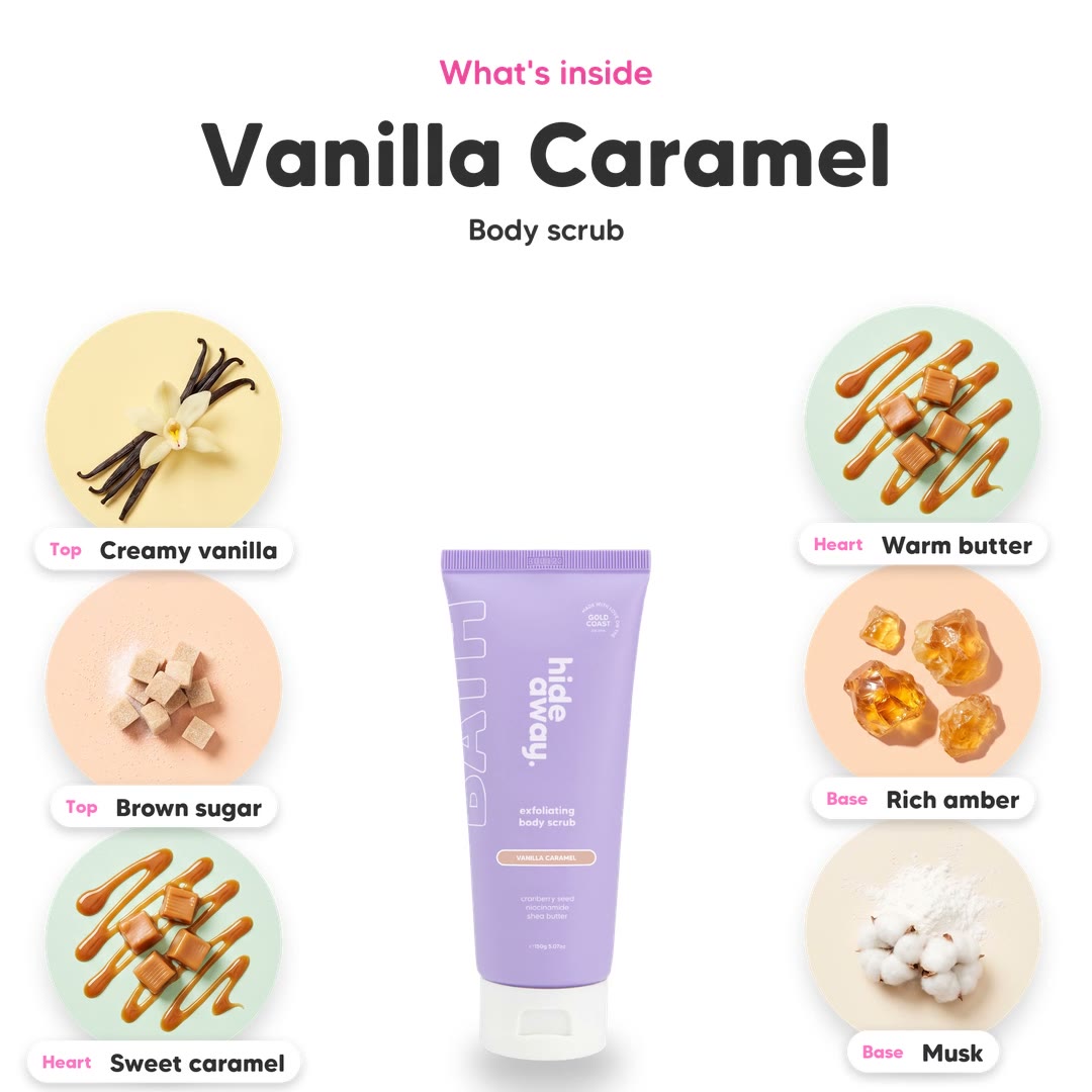 The notes in Vanilla Caramel body scrub, animated