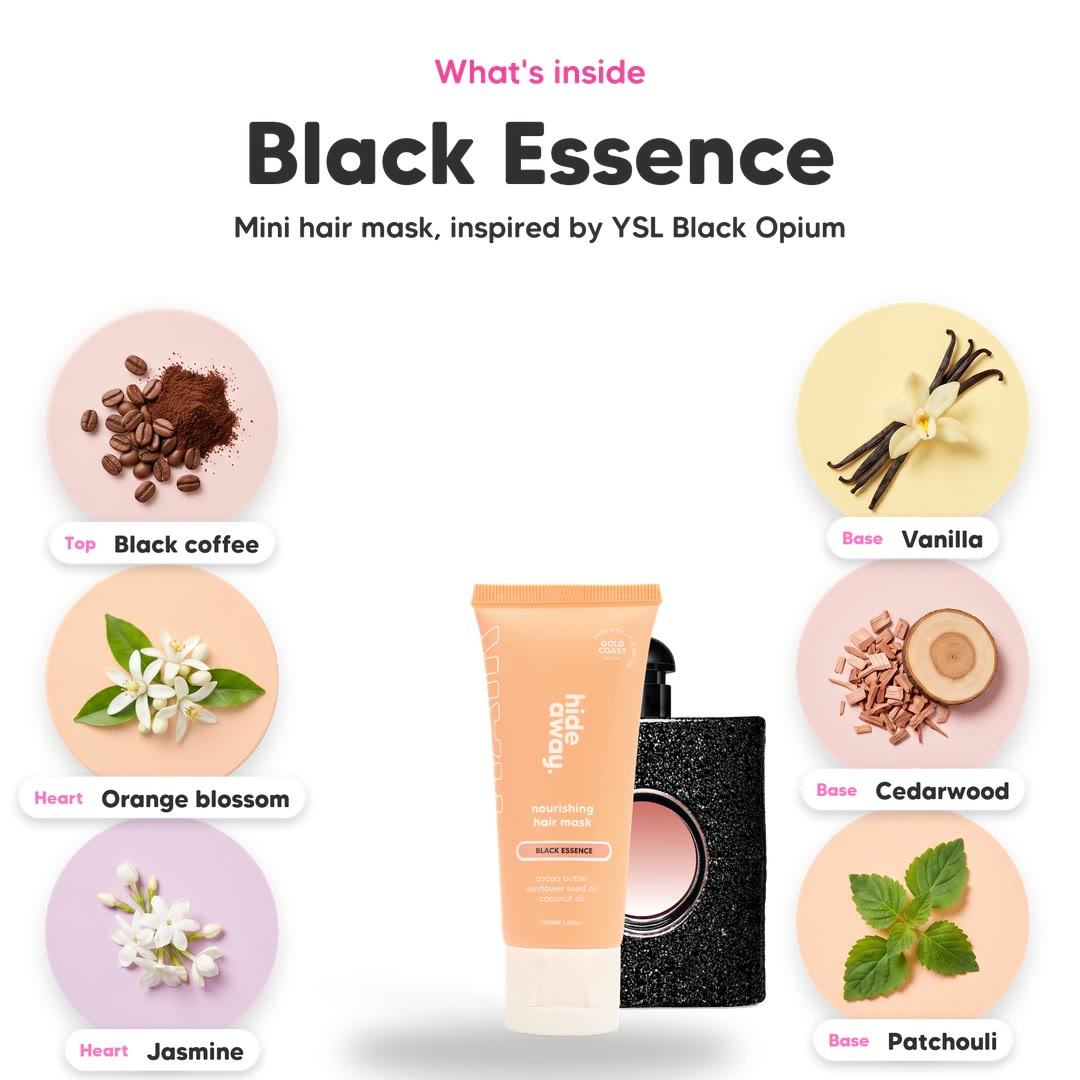 The notes in Black Essence mini hair mask, animated