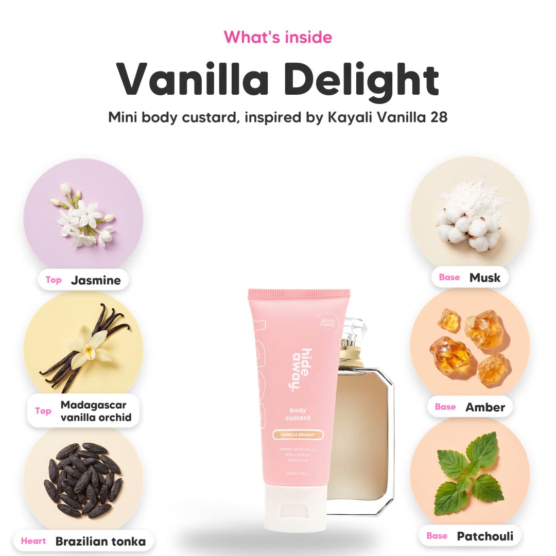 The notes in Vanilla Delight mini body custard, animated