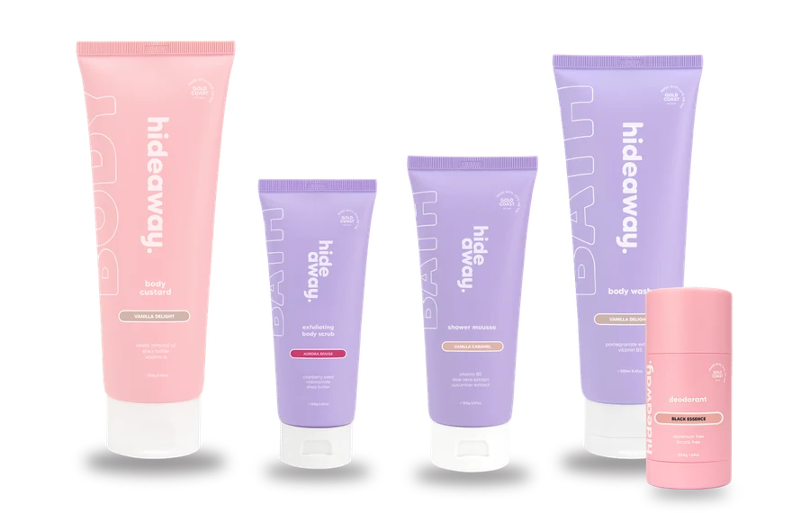 Vanilla Delight body custard, Aurora Rouge body scrub, Vanilla Caramel shower mousse, Vanilla Delight body wash and Black Essence deodorant