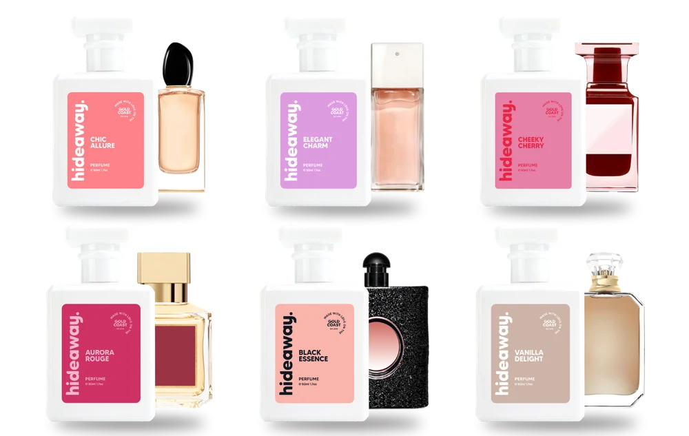 Hideaway. Chic Allure, Elegant Charm, Cheeky Cherry, Aurora Rouge, Black Essence and Vanilla Delight perfumes, each beside the designer fragrance that inspired it: Giorgio Armani Si, Chanel Coco Mademoiselle, Tom Ford Lost Cherry, MFK Baccarat Rouge 540, YSL Black Opium and Kayali Vanilla 28